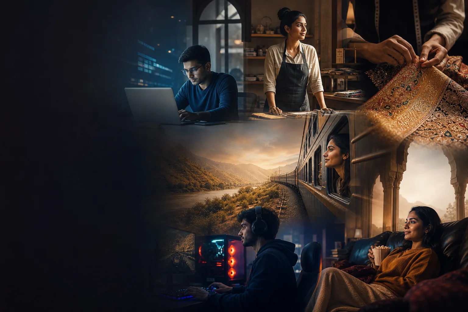 A modern India editorial collage representing technology, business, fashion, travel, gaming and entertainment